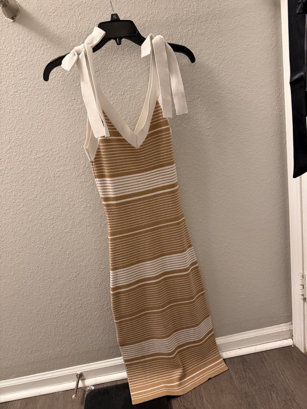 Sleeveless Tie-Shoulder Knit Maxi Dress in Camel Stripe